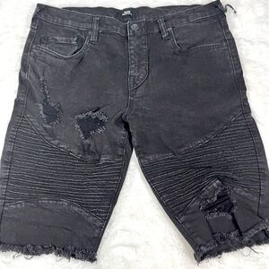 True Religion Rocco Moto Black Denim Short Frayed Hem & Distressed Men’s Size 31
